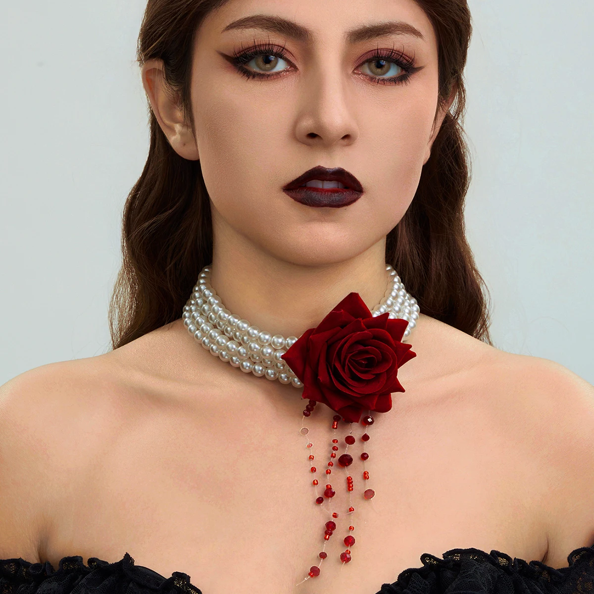 

IngeSight.Z Goth Sexy Rose Flower Neck Choker Woman Trendy Multilayer Blood Red Crystal Imitation Pearl Clavicle Necklace Jewelr