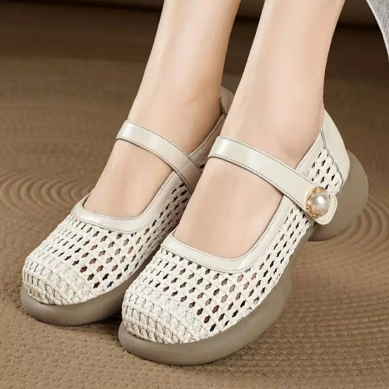 

Women Genuine Leather Baotou Hollow Out Flat Sole Sandals Summer New Thick Sole Non Slip Breathable Velcro Cave Nude Shoes