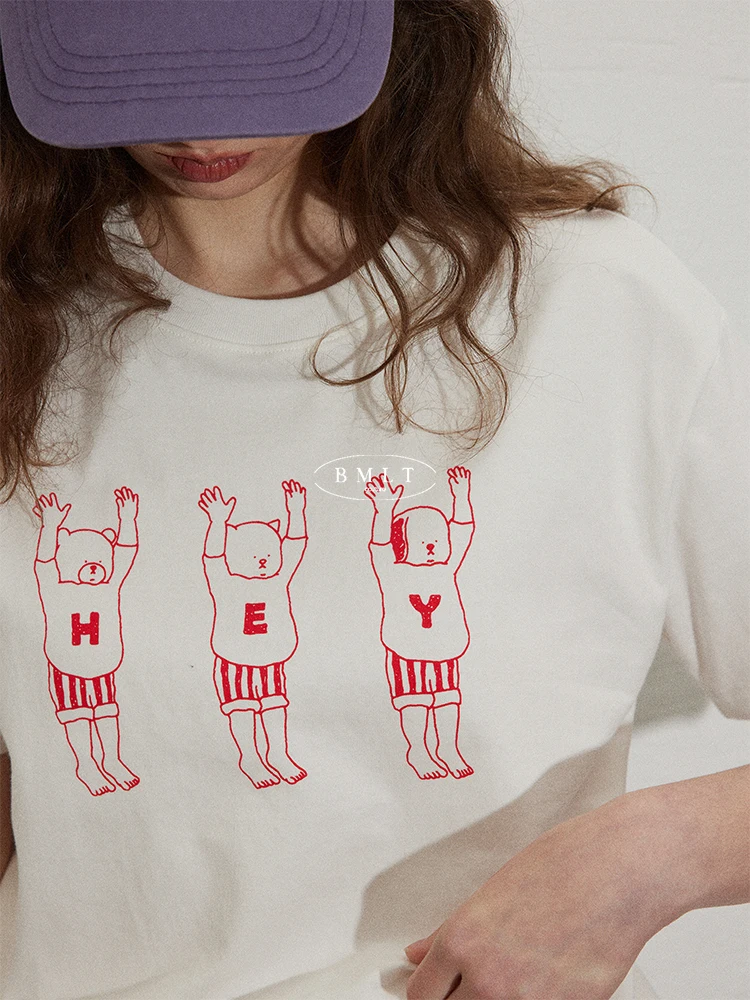 

BMLT Women's Cotton T-Shirt Short Sleeve round Neck Printed Casual Top Korean Style Loose Fit Summer New Arrival