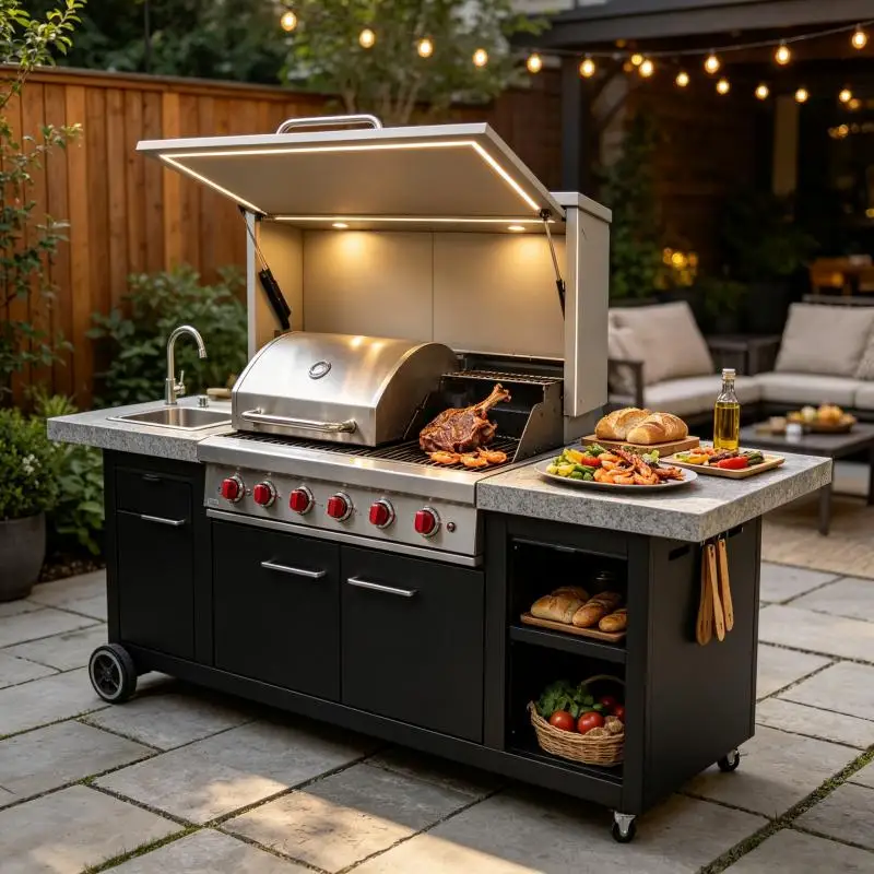 Outdoor Kitchen Modular BBQ Cooking Station With Soft Close Drawers Sink Gas Grill For Outdoor Living Area