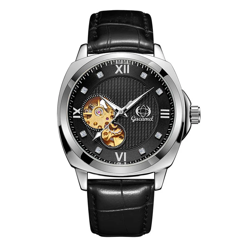 Square Automatic Mechanical Watch for Men Male Wristwatch Business Man Stainless Steel Waterproof Diamond Inlay Skeleton Clock