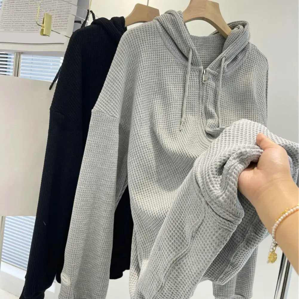 Women Coat Stylish Women\'s Waffle Texture Hoodie Cardigan with Drawstring Pockets Zipper Placket for Spring Autumn Fashion Women