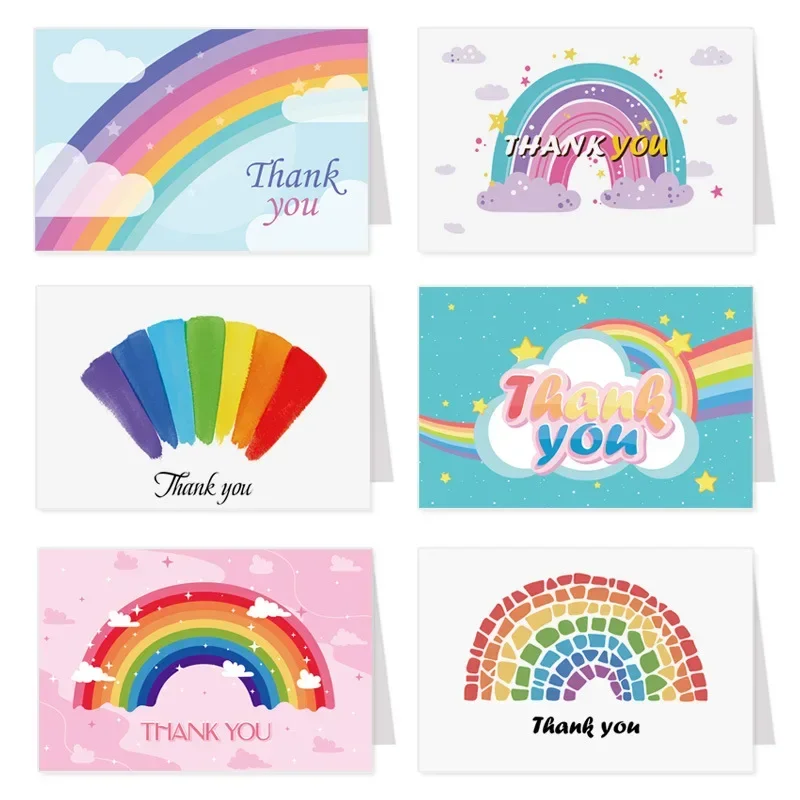 6Pcs/Lot Rainbow Thank You Card Folding Greeting Cards Blessing Card Birthday Wedding Xmas Party Invitation Cards With Envelopes