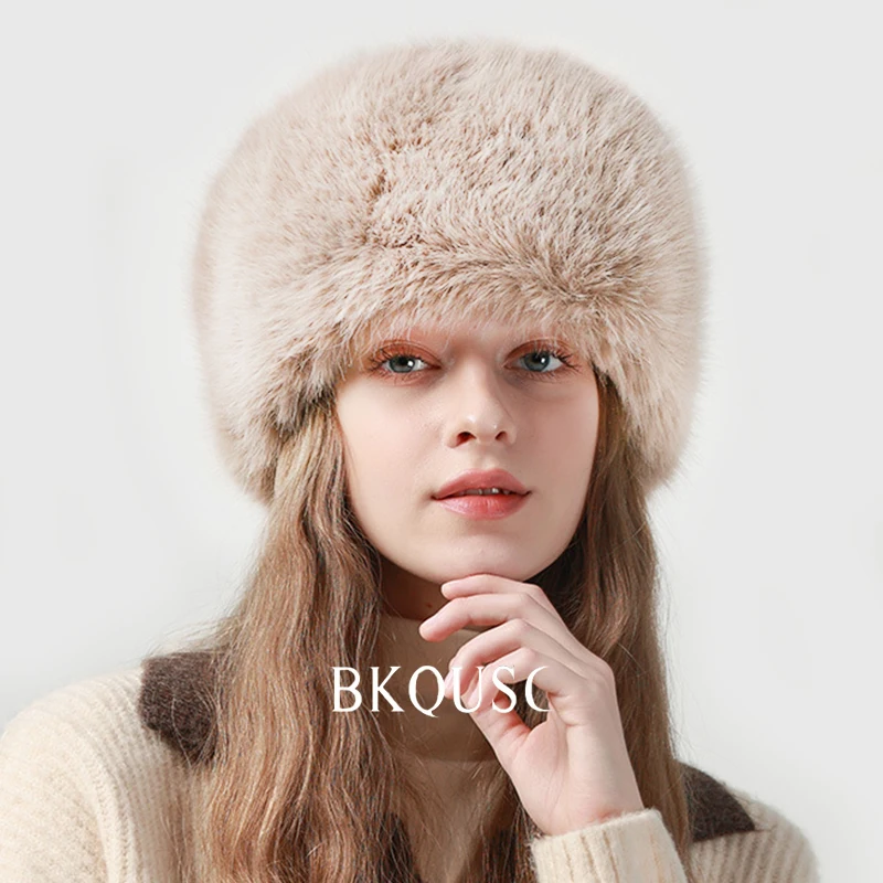BKQUSC الفاخرة الفراء المرأة بيني ضوء الكاكي سلسلة القبعات وشاح الأذن Protacter شتاء جديد دافئ أفخم قبعة وشاح الأذن حامي مجموعة