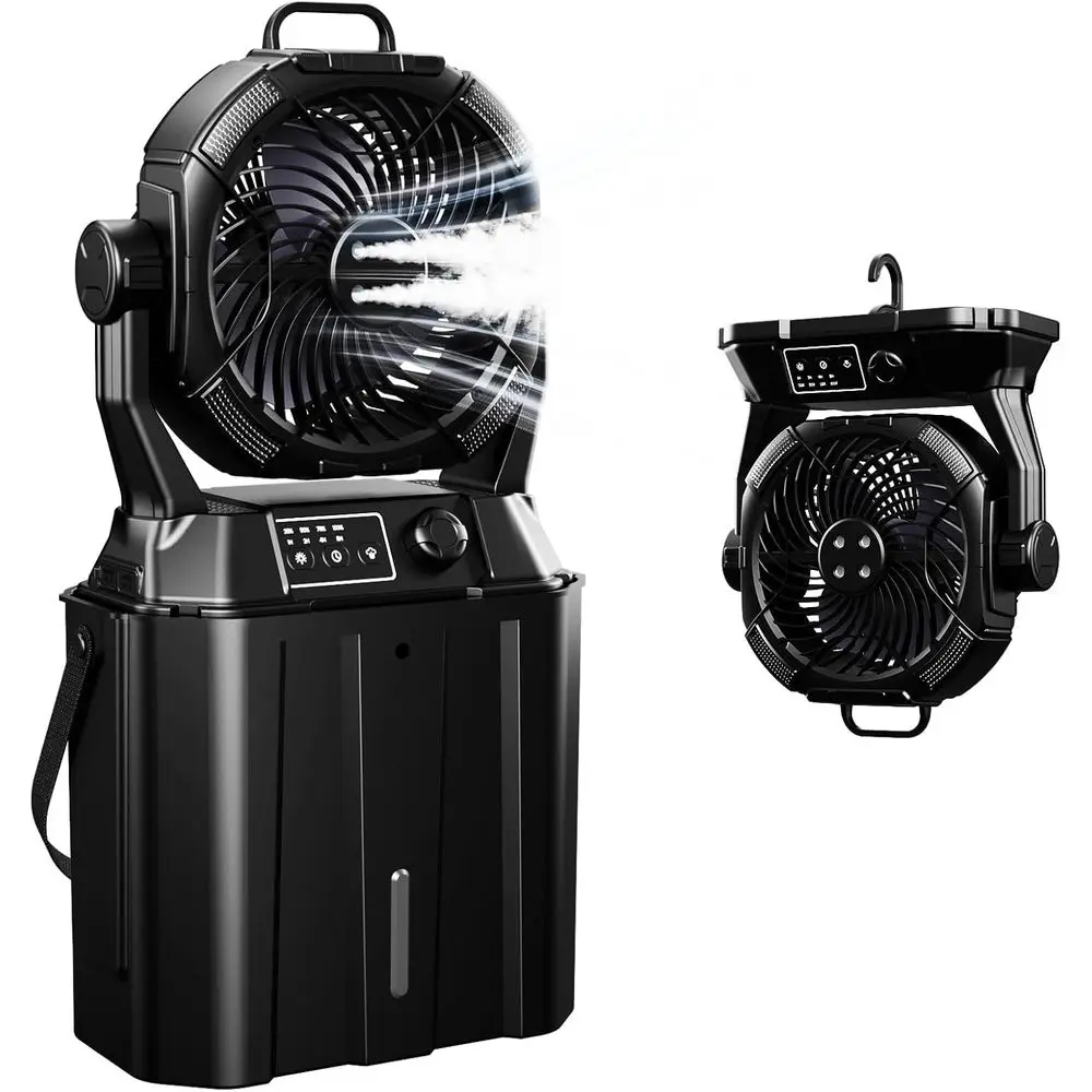 

Портативный кемпинговый вентилятор с функцией распыления, пультом ДУ, LED-подсветкой, регулируемой скоростью, резервуаром для воды 6 л, таймером и ручкой для переноски