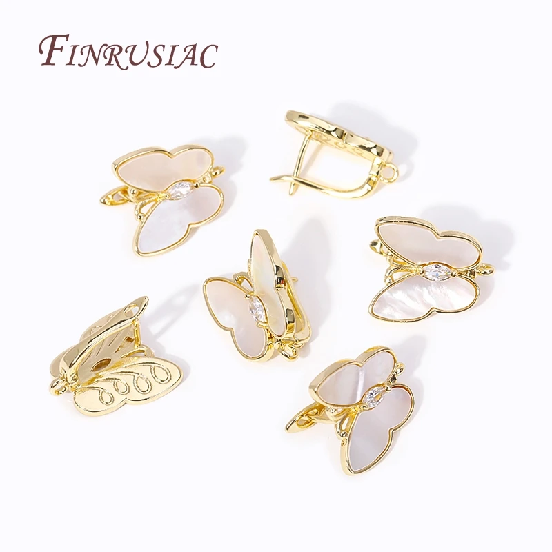 DIY Handmade Pearl Drop Earrings Making 18K Gold Plated Inlay Zircon Shell Butterfly Ear Wire Earring Clasps Hooks