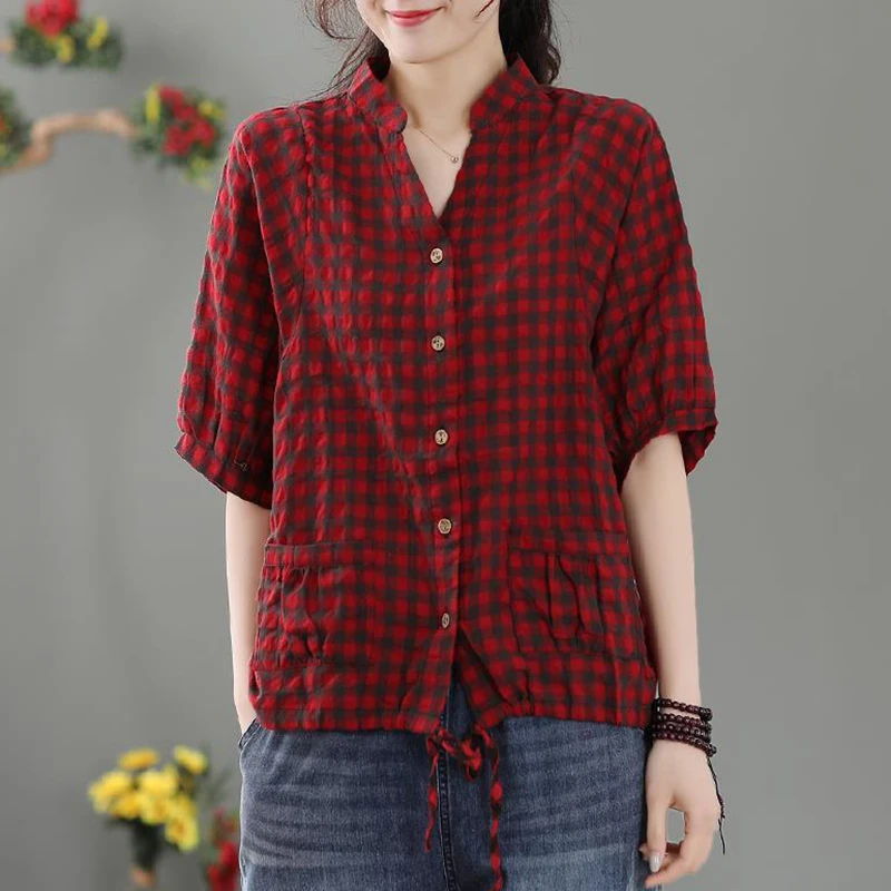 

Fashion V-Neck Loose Spliced Pockets Bandage Plaid Shirt Women's Clothing 2025 Summer New Casual Tops All-match Commute Blouse