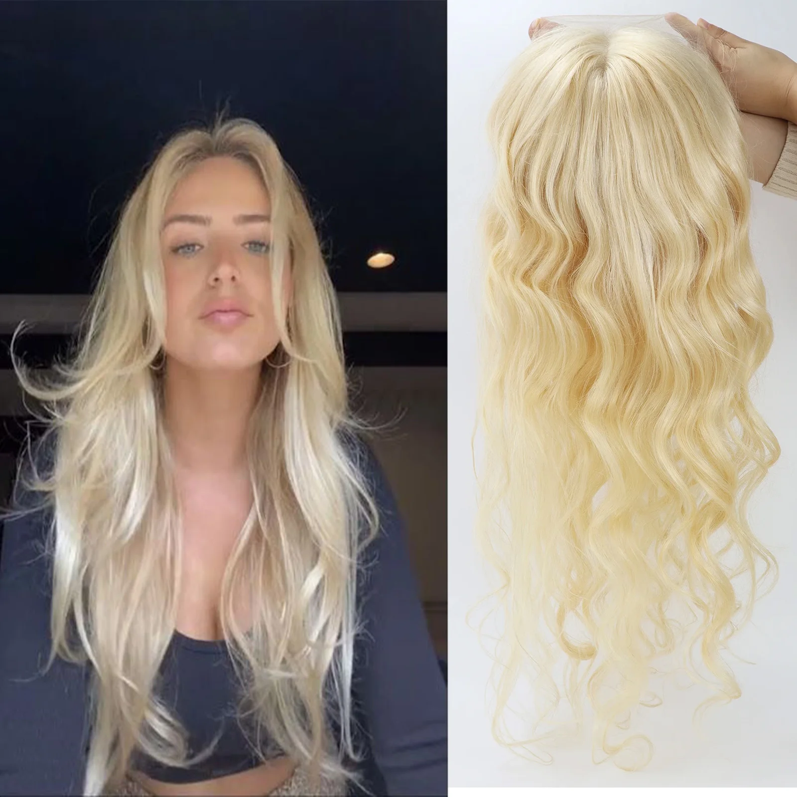 شعر مستعار دانتيل كامل # 613 شعر أوروبي مموج أشقر فاتح مع شريط مطاطي خط شعر طبيعي ناعم وجيد التهوية للنساء