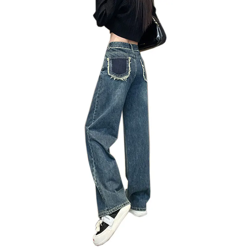 Woman Jeans Korean High Waist Wide Leg  Denim Trousers Rugged Pocket Design Streetwear Vintage Fashion Harajuku Straight Pants