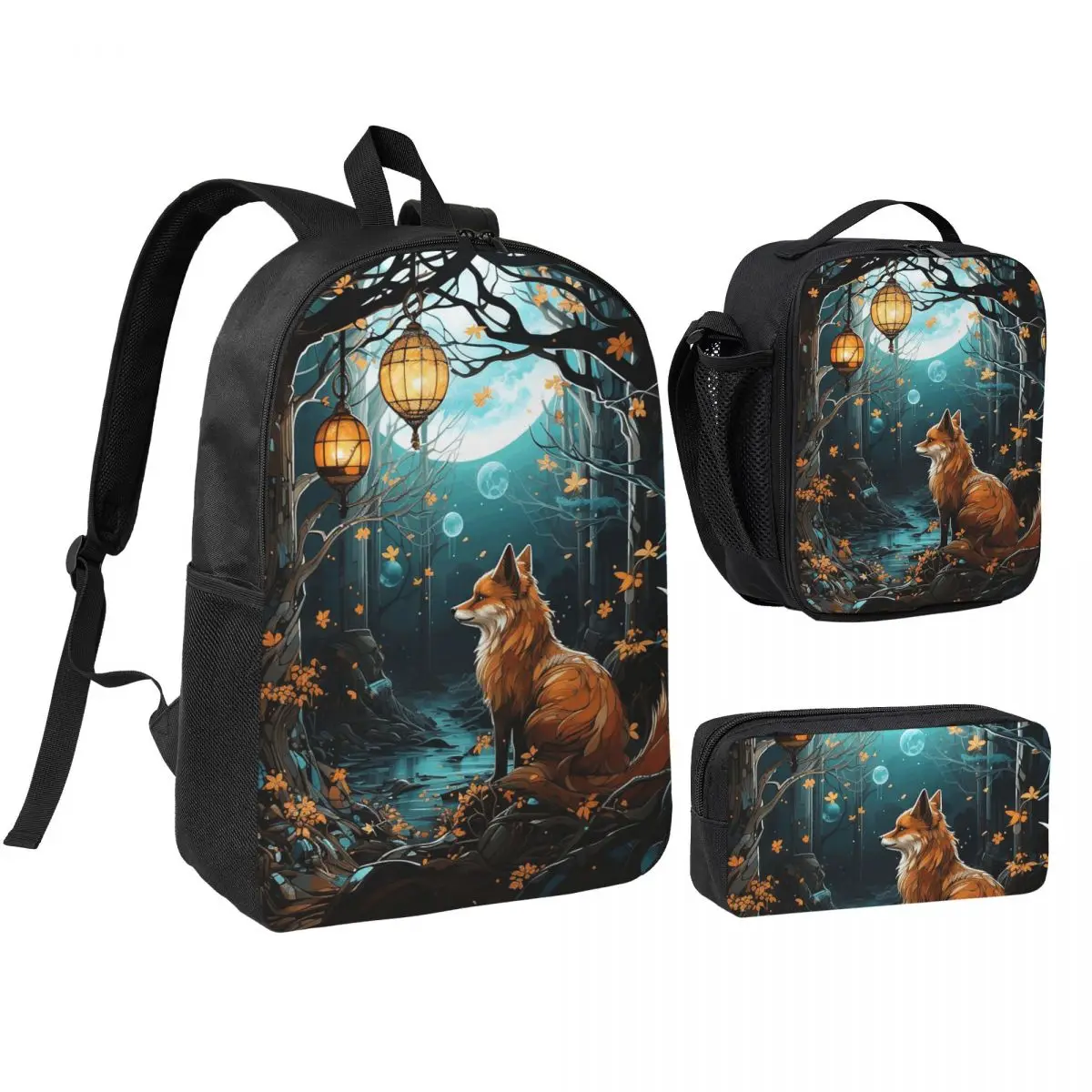 Enchanted Woodland Fox Moonlit Night Backpack Boys Girls BookBag School Bag Shoulder Bags 3ps Insulated Lunch Bag Pencil Case