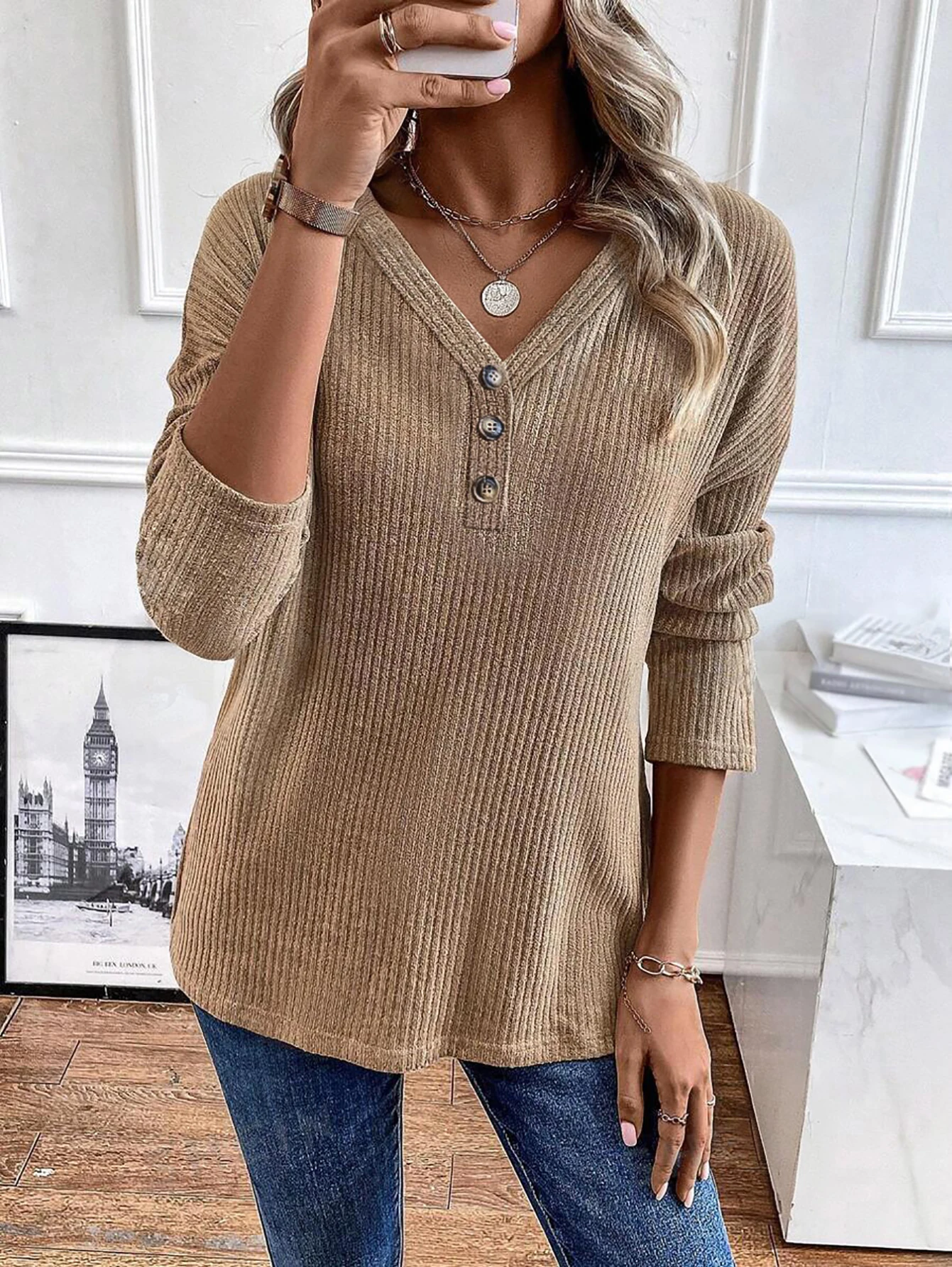 Spring and autumn button ribbed knitted tops casual sweater all-match solid color long-sleeved pullover V-neck top