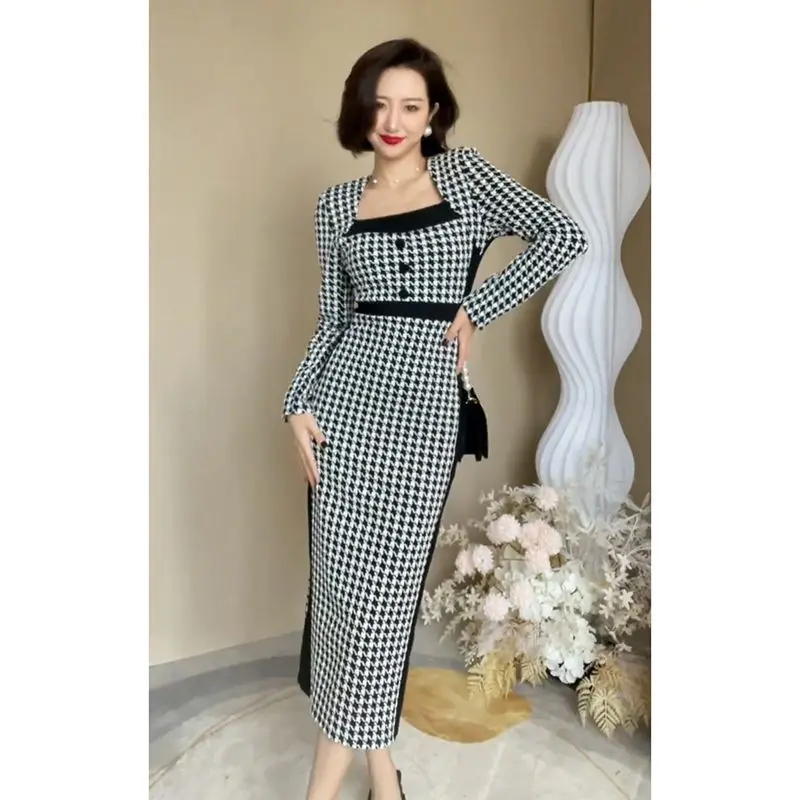 Abbigliamento donna Office Lady Simplicity Vintage Fashion colletto quadrato allentato bottoni Casual Patchwork Sweet Temperament Dresse