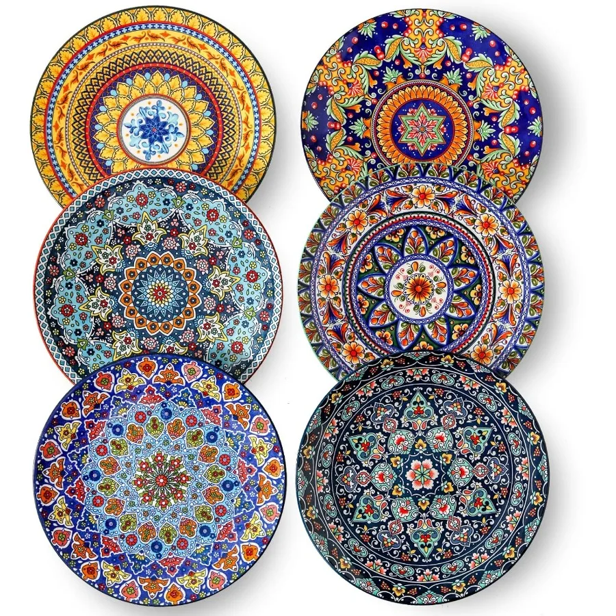 

10.5 Inch Ceramic Dinner Plates Set of 6 for Steak Snacks Pizza Cake Colorful Serving Dishes for Kitchen Housewarming Gift Micr