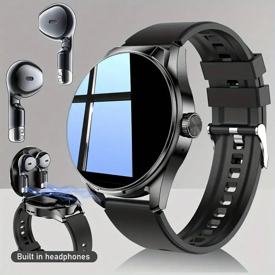 Smartwatch With Earbuds, 1.46-Inch Full Touch Screen, Wireless Voice Calling, Multiple Sports Mode Tracking, Weather Reminder, Message Reminder, DIY Watch Face, Smart Watch For Android And IOS