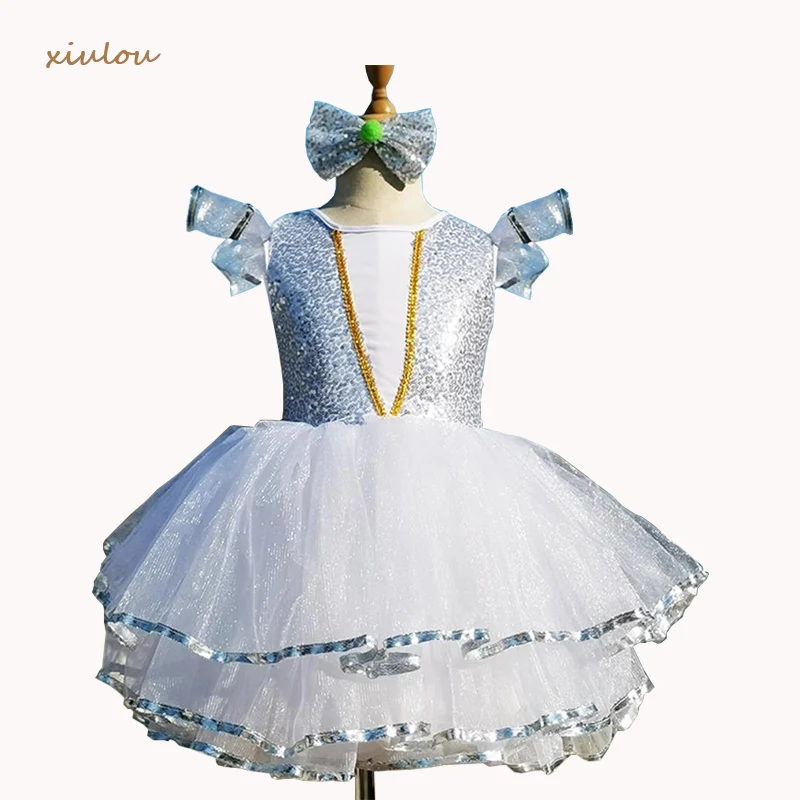 Children Ballroom Clothing Modern Dance Tutu Dress Girls Cute Kids Dance Dresse Silvery Sequined Jazz Dance Costume Stage Wear