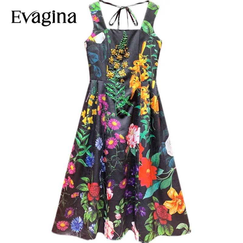 

Evagina French Vintage Print Nail Bead Waist Up Mini dress Spring Summer New Women's Sleeveless Square Collar Holiday Dresses