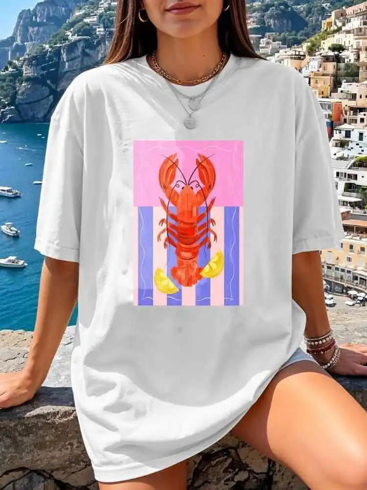 JHYF American Retro Vintage Summer Beach Hand-painted Lemon Lobster Spicy Girl Loose Short-sleeved T-shirt Women's Street Sty...