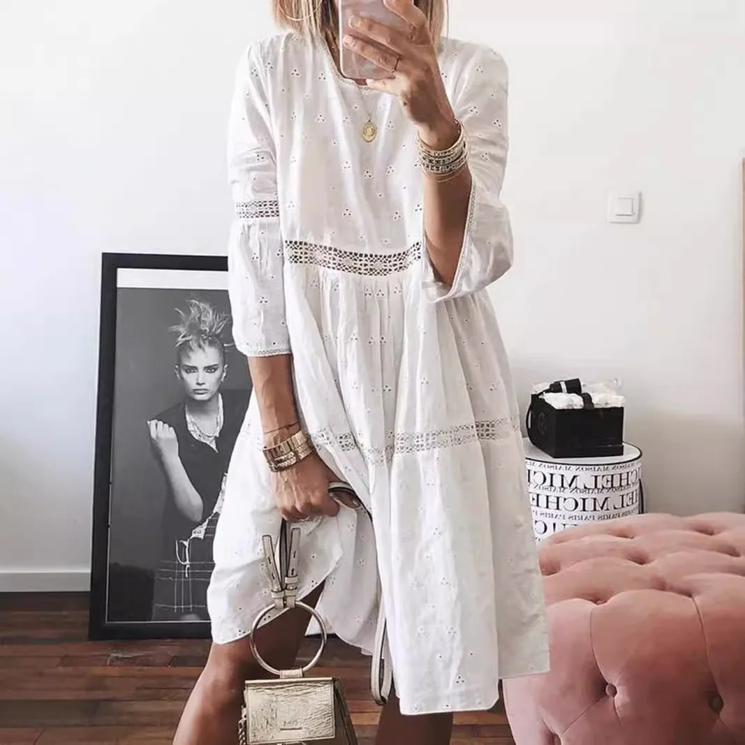

2025 Women's lace splicing hollow embroidery seven-point sleeve dress plus size long skirt