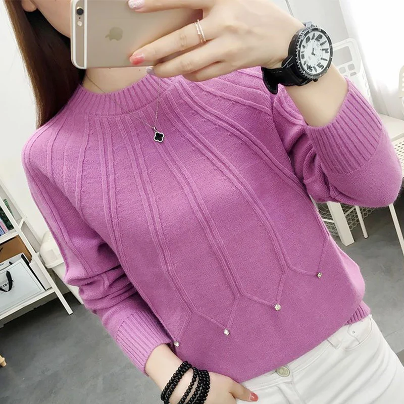 Autumn Winter New Solid Color Diamons Loose Casual Jumpers Female Simple All-match Fashion Knitting Pullover Tops Women Sweaters