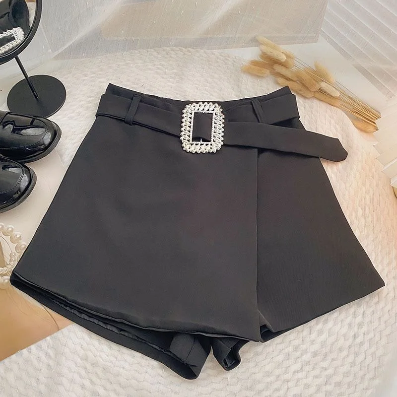 Spring Autumn Girls Shorts Baby Shorts Kids Shorts Teenage Bottoms Children Clothes Faux Crystal Belt Grid Solid 3-14Y