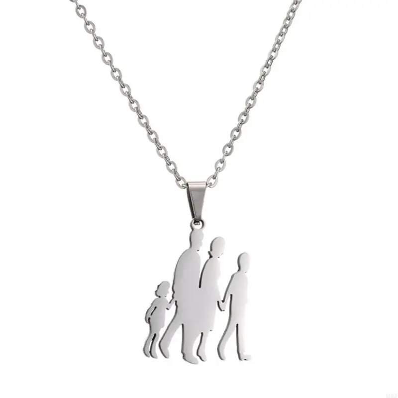 W8KF Necklace Stainless Steel Chain Choker Mom Daughter Family Outline Pendant Necklace Mothers Day Jewelry Gift