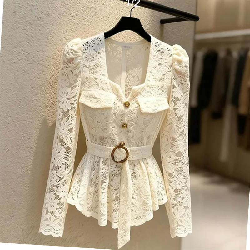 

French Lace Hollow out Floral Embroidery Top Women's Spring Bubble Long Sleeve Slimming Blouse with Belt for Stylish Ladies