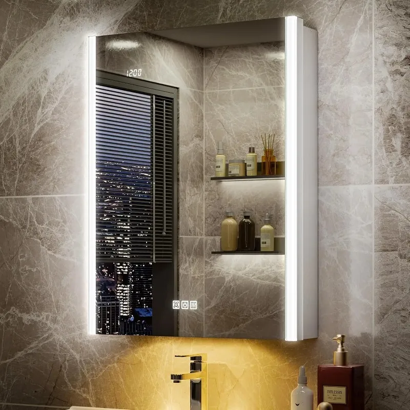 Medicine Cabinet Mirror Lights Night Lamp 20x26in Surface Recessed Outlet Clock Fogless Dimmable LED Storage Sensor