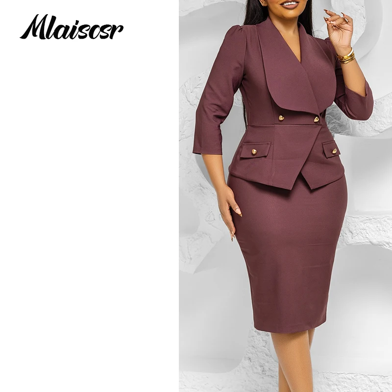 Mlaiscsr المرأة الجديدة كبيرة ترتيب الأسرة طوق 3/4 كم زر سليم قلم رصاص منتصف فستان الخريف الشتاء مكتب سيدة مساء رداء الحفلات