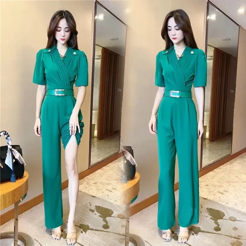 2025 Solid Jumpsuit Women's Summer Rompers New Short-Sleeved Waist Was Thin Wide-Leg Pant Jumpsuit Green Drape Sweet W26