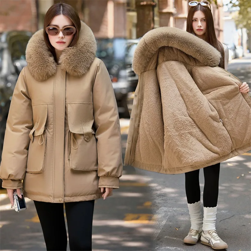 2026 Winter Jacket New Women Parka Clothes Mid Length Coat Wool Liner Hooded Jacket Fur Collar Thick Warm Snow Wear Padded Parka