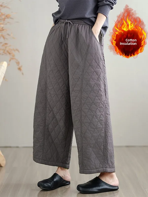

High Waist Loose Casual Cotton Wide Leg Pants Diamond Stitching Women's plus Size Elastic Waist Straight Nine Points Cotton P...