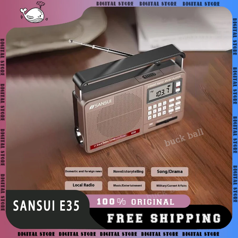 SANSUI E35 Full Band Radio Bluetooth Digital Retro Radio Hifi Portable U-Disk USB/TF/Mp3 Music Player Speaker LED Flashlight 