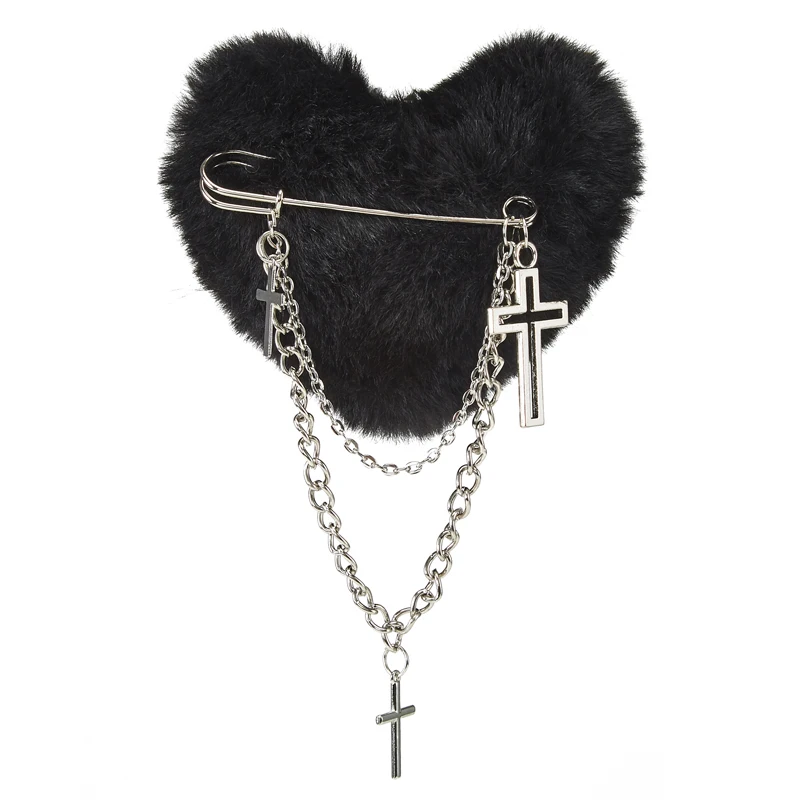 

Lolita Girls Furry Heart Hair Clip Gothic Retro Plush Hearts Chain Cross Hairpin Vintage Cute Headwear