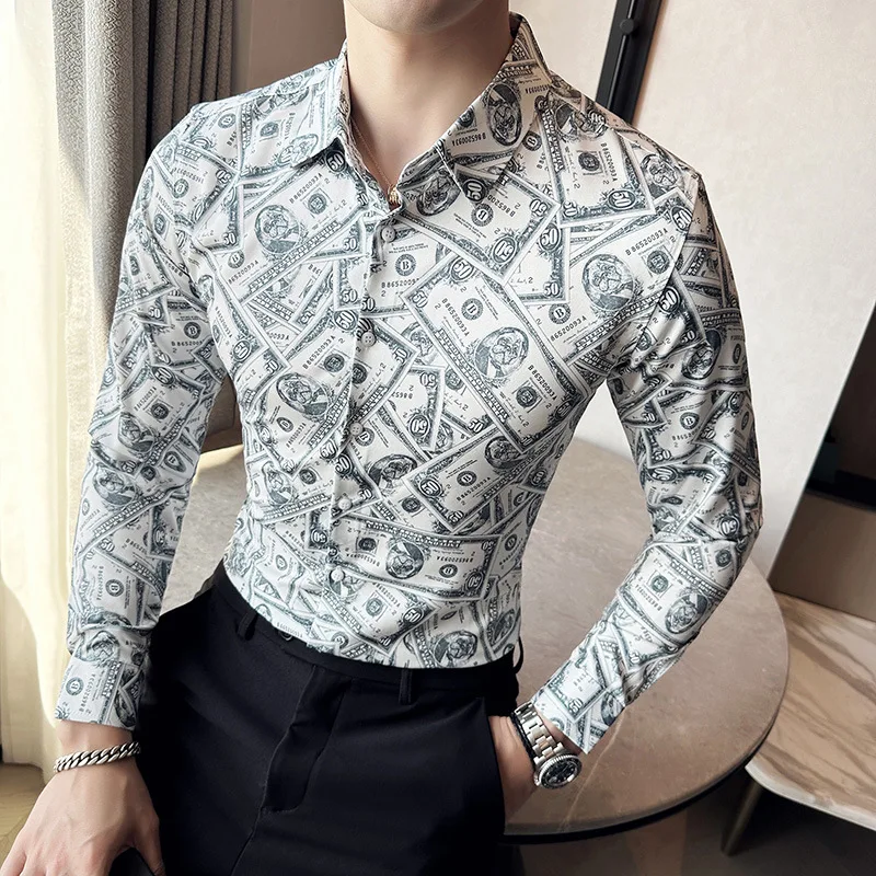 

M-6XL Personalized Printed Men's Shirt Long Sleeve Slim Fit Casual Shirts Streetwear Nightclub Social Party Tuxedo Blouse 2023