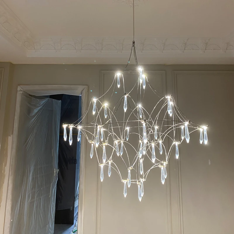 ‌Modern Crystal Gold Chandelier - LED Warm White Firefly Light Fixture for Living Room - Minimalist Home Decor Diamond Lamp