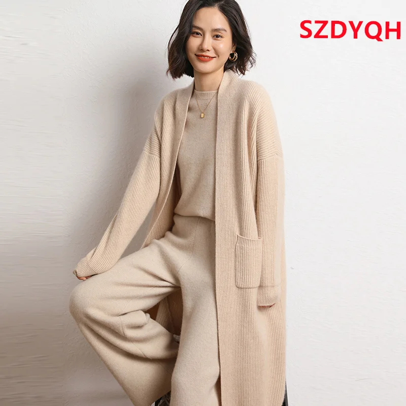 

Hot Sale Autumn Winter New 100% Cashmere Cardigan Knitted Sweater Women's Fashion Loose Large Size Solid Thicken Long Cardigans