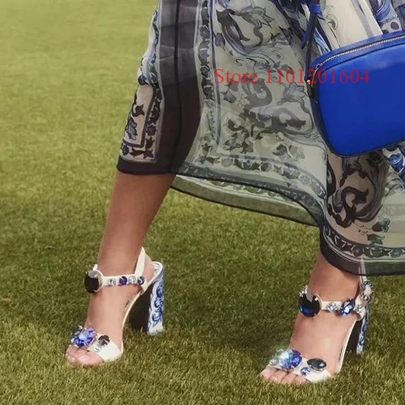 

Women Sandals Ethnic Blue Rhinestones Crystal Jewelry Flower Pattern Printing Thick Thin High Heels Open Pointed Summer Shoes