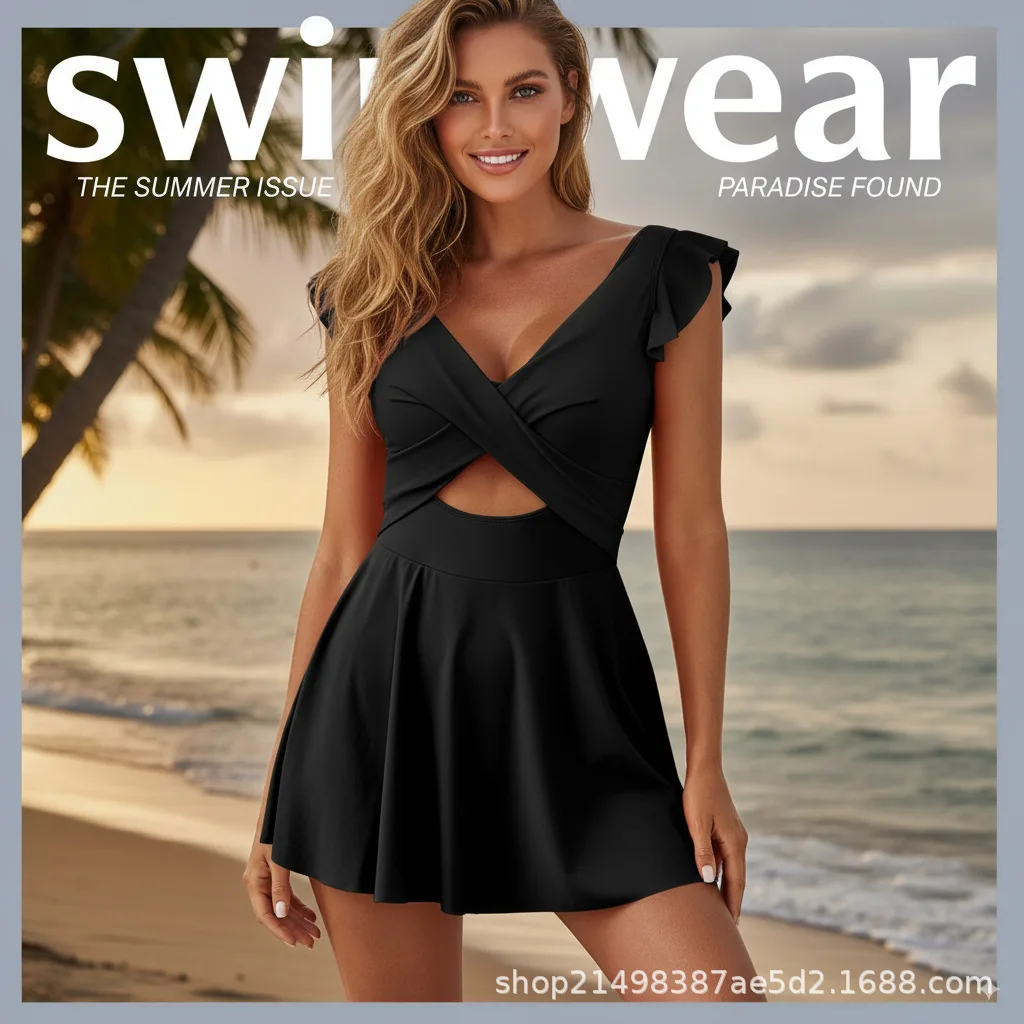 2026 Sexy Ruffle Swim Dress Women Backless Criss Cross One Piece Swimsuit Tummy Control Swimwear Beach Vacation Summer Rompers