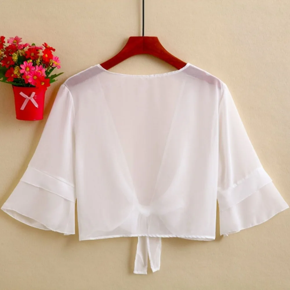 Pagoda Sleeve Chiffon Small Shawl Jacket Transparent Lace Up Chiffon Cardigan Shirt Short Sleeve Korean Style