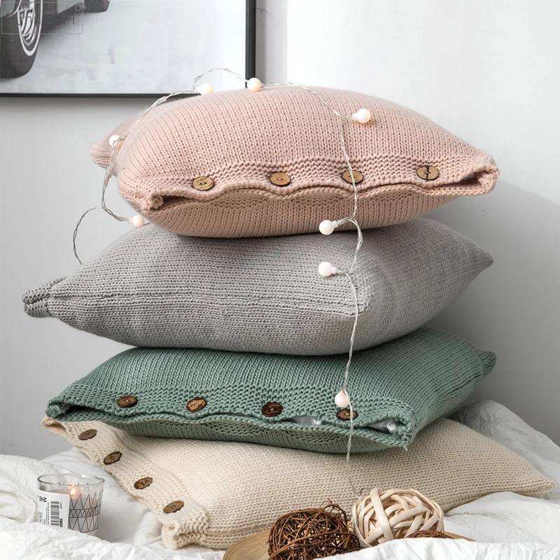 Soft Cotton Knit Cushion Cover Vintage Ivory Grey Pink Green Solid Pillow Case 45cm*45cm Button Open Home Decoration Nordic