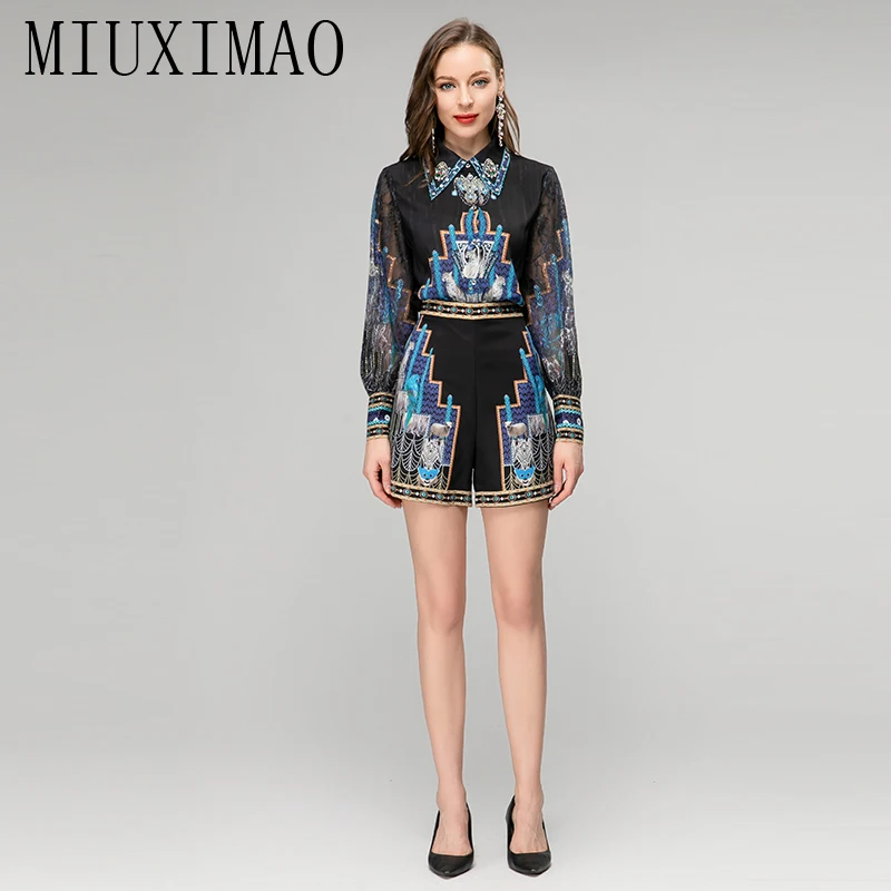 MIUXIMAO-Conjunto elegante de primavera y verano para mujer, camisa de manga larga con estampado de solapa y pantalón corto, moda de dos piezas, 2023