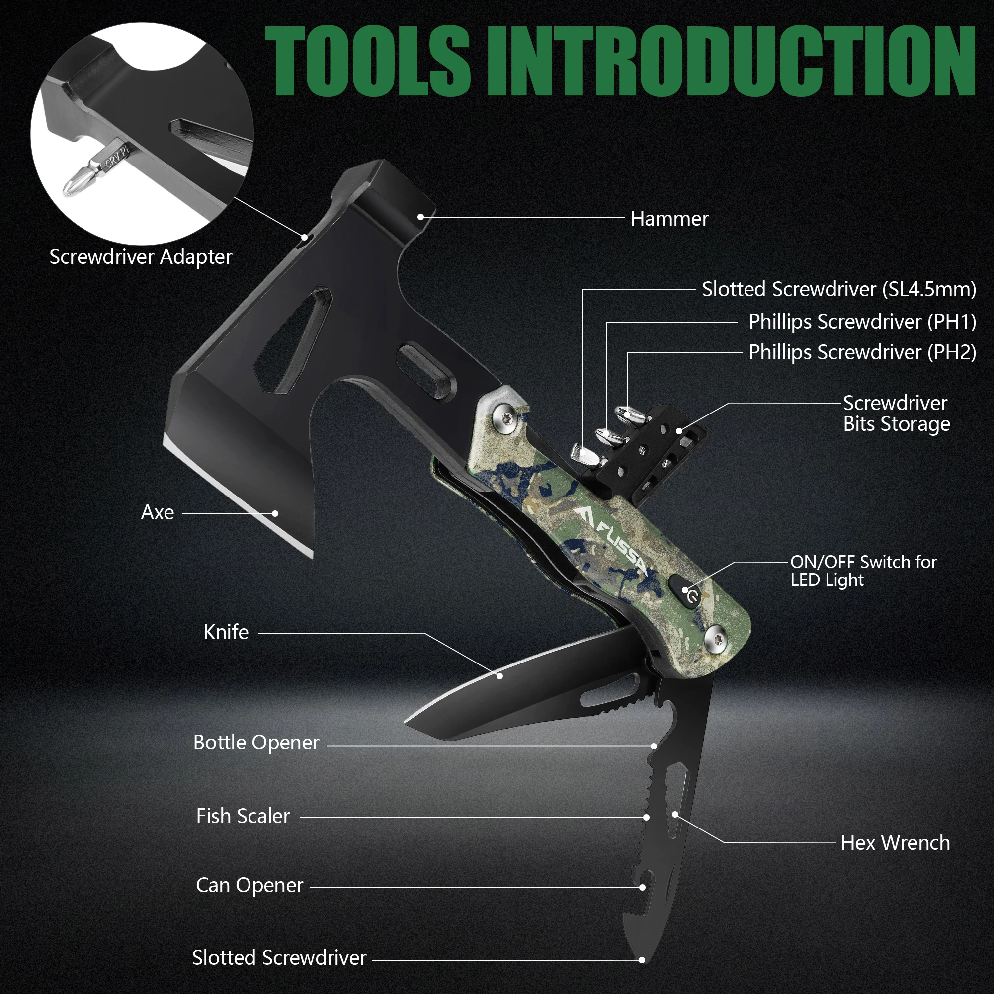 FLISSA Camping Axe Hammer Multitool, Hatchet Multi Tool Camo Stainless Steel with LED Light, EDC Hiking Survival Multi Function