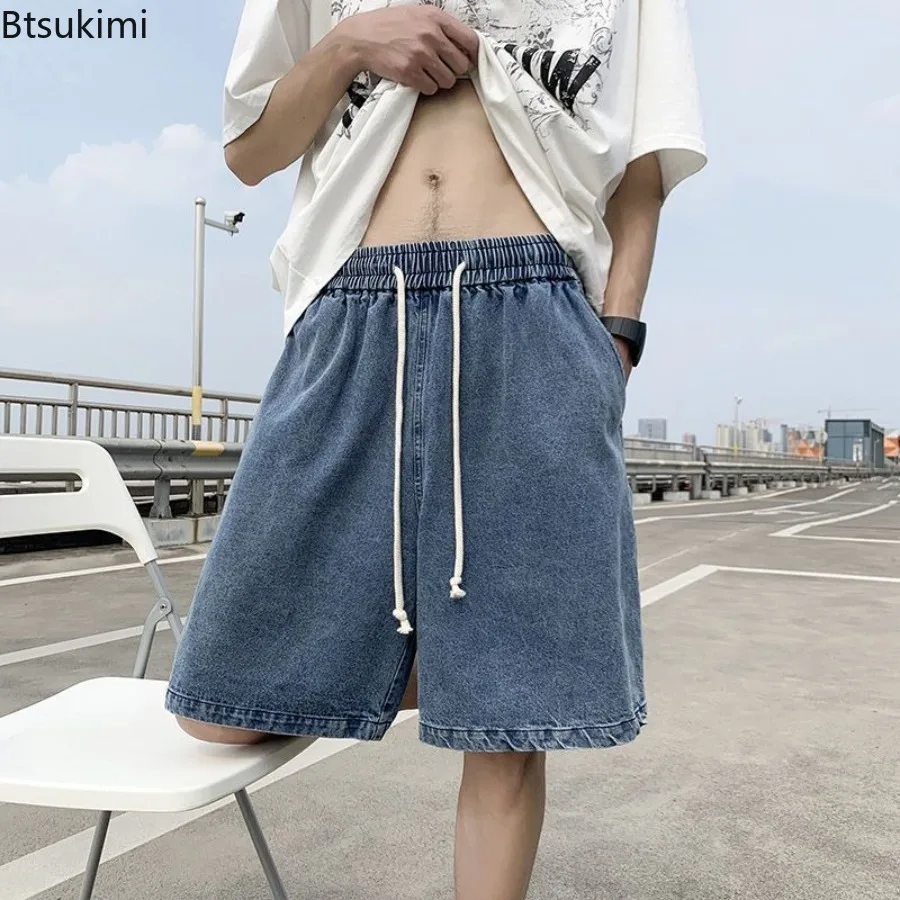New Men's Fashion Vintage Jeans Summer Loose Casual Male Wide Leg Knee Length Shorts Washed Short Denim Pants Male Streetwear