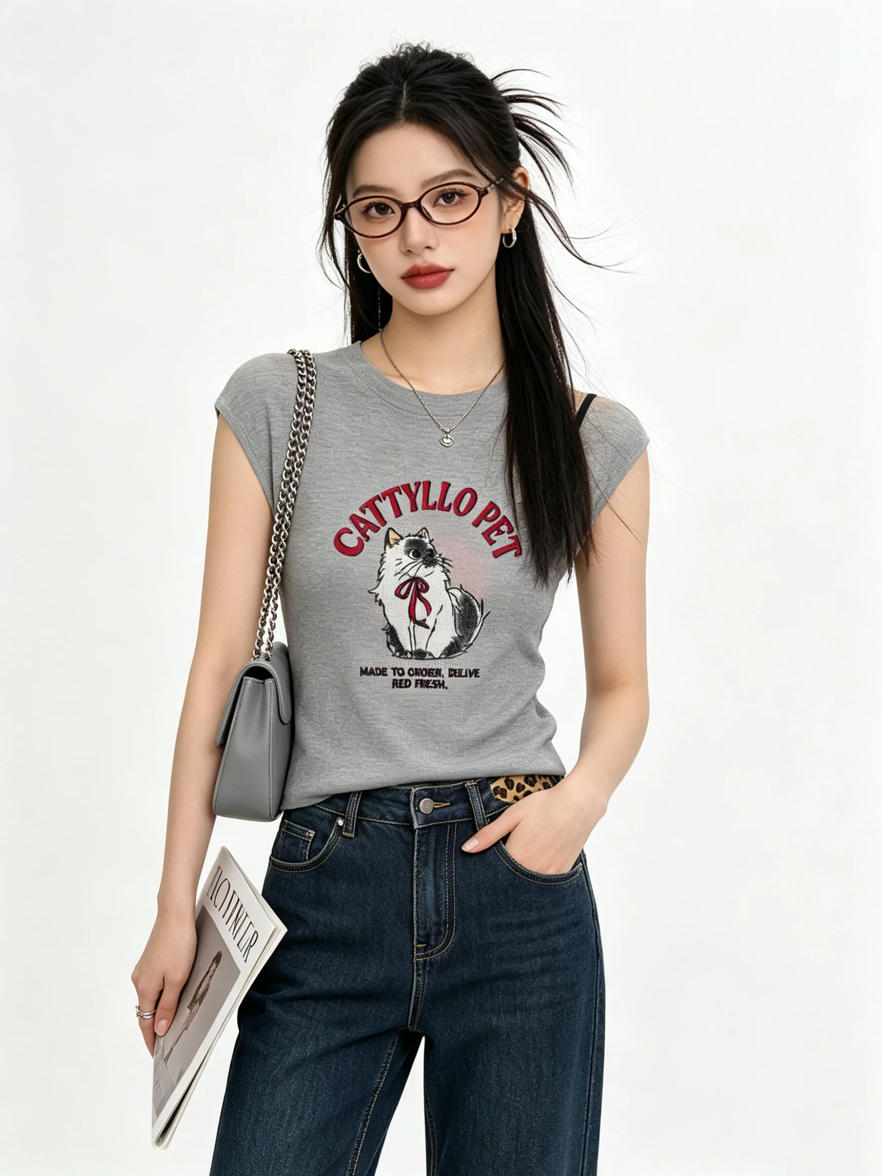 

Chic Print Sleeveless T-Shirt Women's Summer Anti-Aging round Neck Short Sleeve Top Short Style Skin-friendly Korean Style