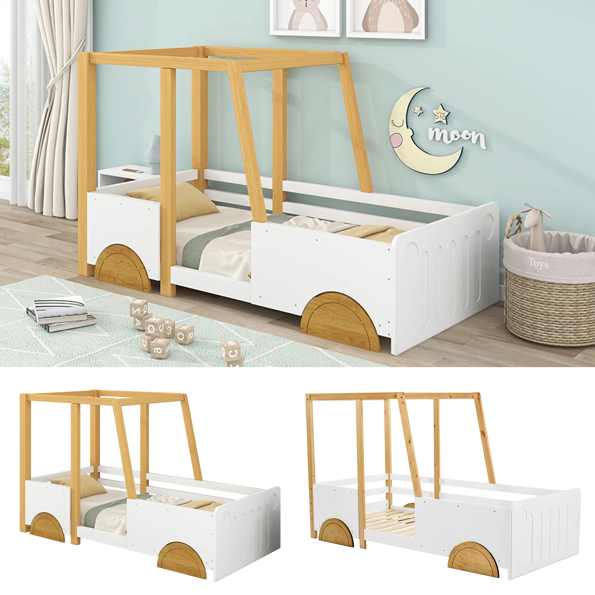 Car Bed Jeep-shaped Bed Cot with MDF Wheels Pine Frame for Children and Youth Solid Wood with Slatted Frame