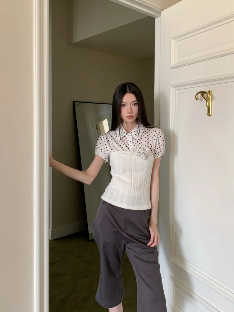 CHEERART Puff Sleeve Polka Dot Top For Women'S Blouses And Shirts Summer Short Sleeve Patchwork White Ladies Blouse Designer