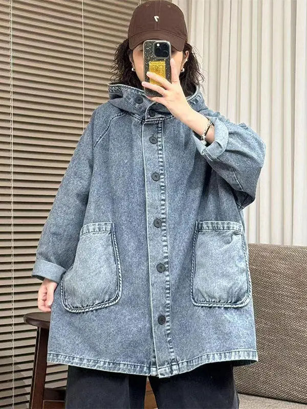 

plus Size 300 Pounds Women's Denim Jacket with Big Pockets Loose Fit Spring Autumn Hooded Coat Windproof Long Sleeve Pure Color