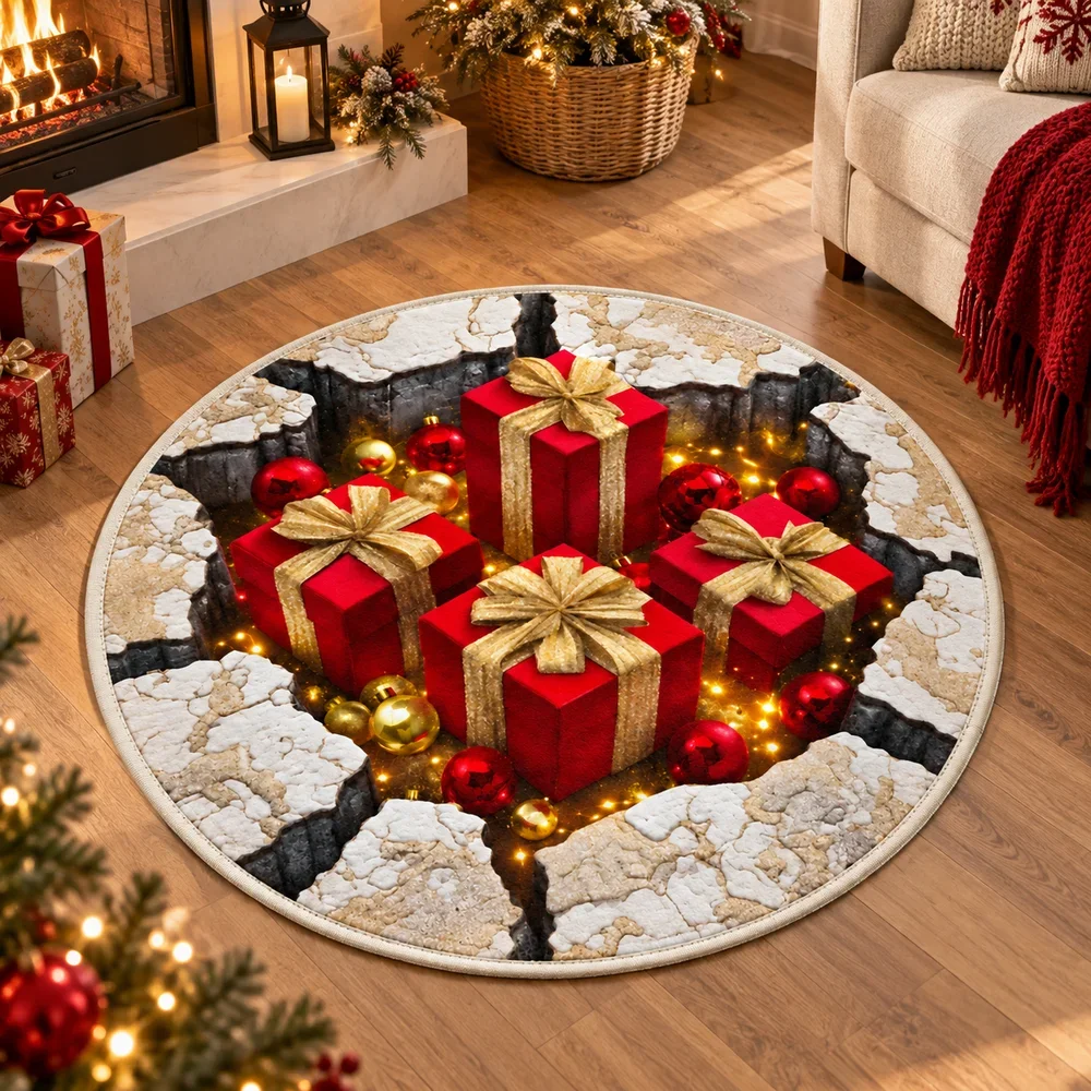 Christmas Gift Boxes Cracked Stone Area Rug, 3D Optical Illusion Floor Mat For Entryway, Living Room, Holiday Decor And Gifts