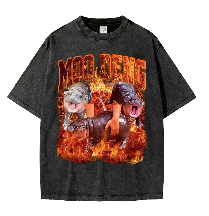 I Love Moo Deng Hold on I'm Overstimulate Meme T-shirt Cute Baby Hippo Funny T Shirts Men Women Casual Fashion Retro Washed Tees