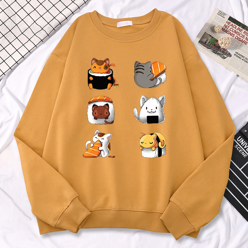 Casual Street Women Sweatshirt Various Types Of Cat Sushi Printing Hoodies Fleece All-Math Pullover Warm Loose Female Clothes